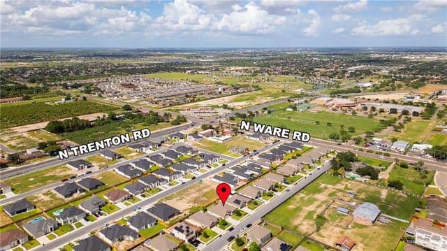 Aerial view of a gated fourplex subdivision near N Ware Rd and N Trenton Rd in McAllen