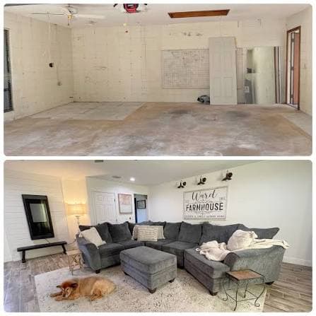 A garage being converted into living space inside a home